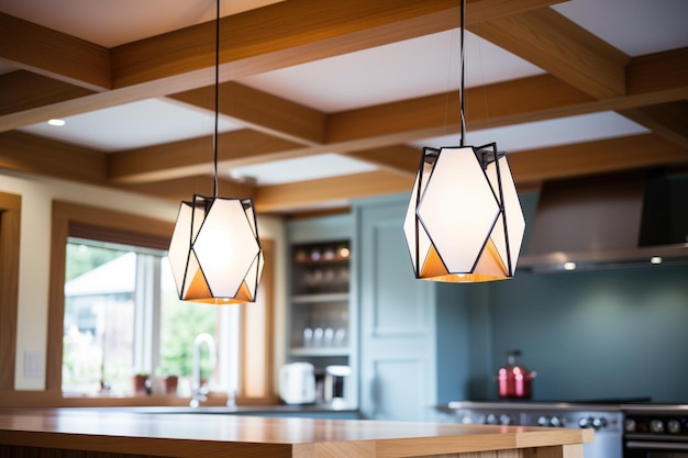 Contemporary lighting fixtures against tudor wooden frames in annex