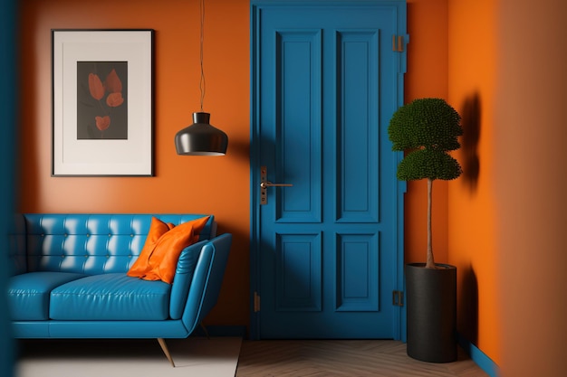 Современная гостиная с синим кожаным диваном, деревянной дверью и шкафом и оранжевой стеной.