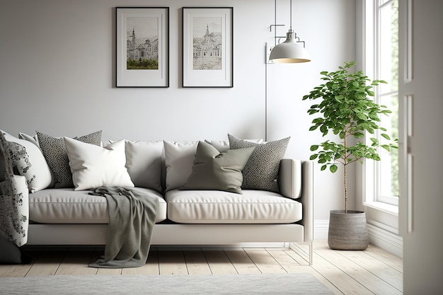 A contemporary living area with light gray walls