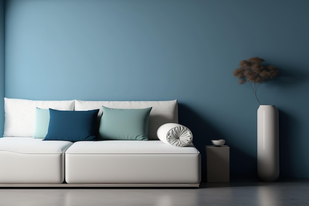 A contemporary living area with a white couch next to an empty blue wall