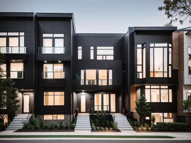 Photo contemporary living modern modular private black townhouses residential
