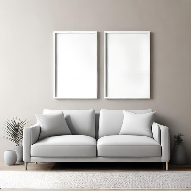 Photo contemporary living room featuring stylish sofa in modern interior design mockup of 2 white simple frames on a wall behind the beige couch living room 3d render light gray wall color simple clean