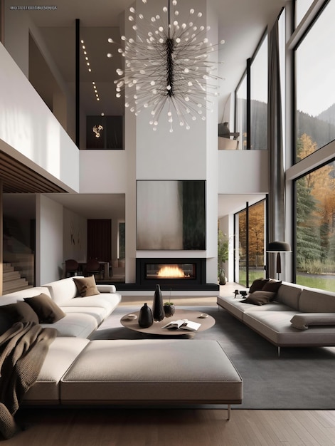 Современная гостиная, наполненная мебелью и камином, в современном тренде дизайна интерьера