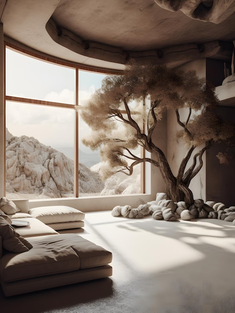 Современная гостиная с мебелью и деревом, вдохновленная дизайном интерьера AI Generation