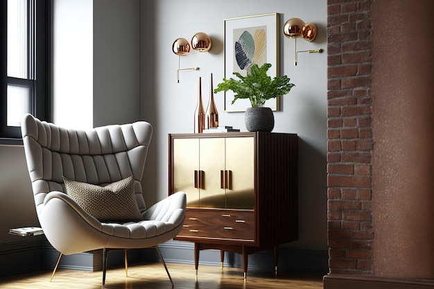 Современная гостиная с деревянным комодом, креслом и лампой.