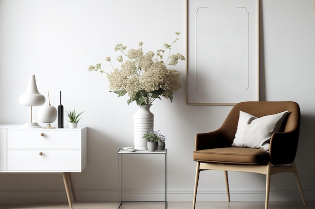 A contemporary living room interior composition with a brown mock up poster