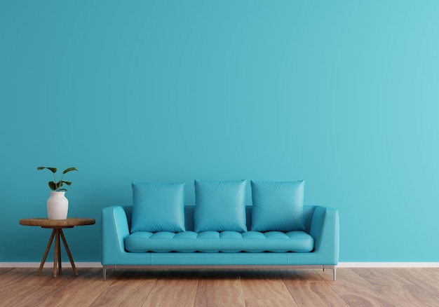 Contemporary living room interior design with a light blue sofa
with light blue background