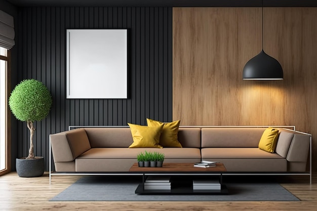 Contemporary living room interior with furniture and copy space on wooden wall Mock up