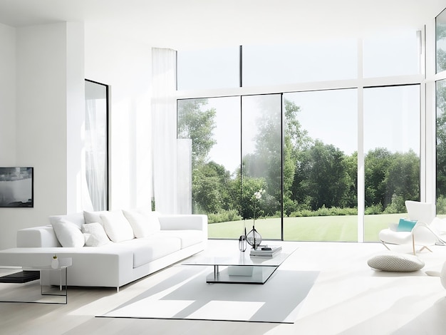 Contemporary living room interior with white wall and panoramic window