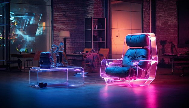 현대적 인 거실 에는 반이는 투명 한 의자 가 색상 대조 를 강조 하고 있다
