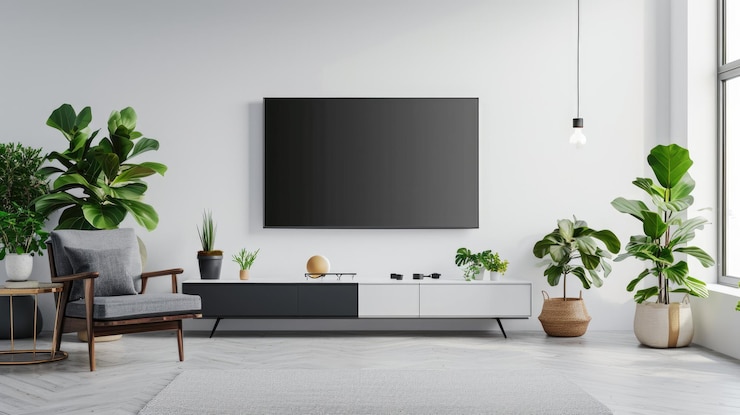 Photo contemporary living room tv wall mockup with minimalist decoration and wood accents