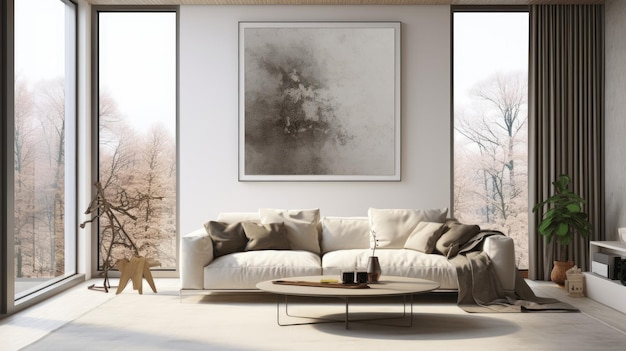 Contemporary living room with blank white poster d visualization