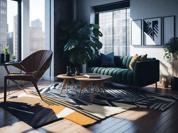 Photo a contemporary living room with a bold geometric patterned one rug a lowslung armchair