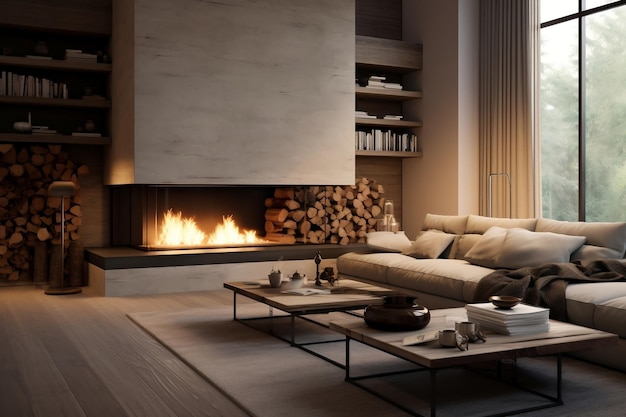 Contemporary living room with a fireplace Generative Ai