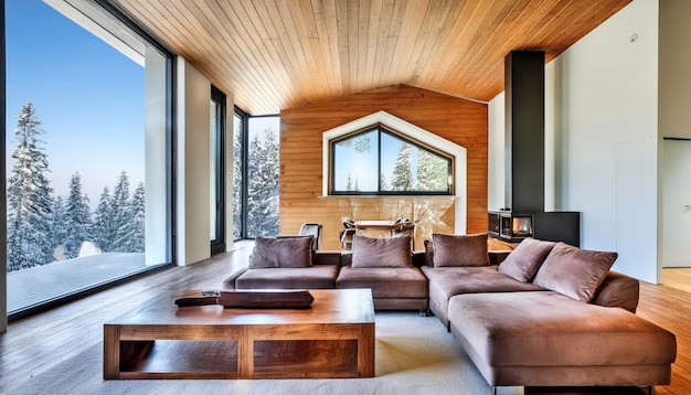 Contemporary living room with forest view