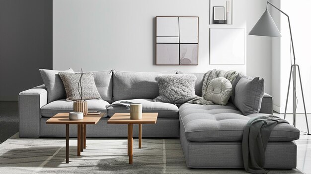 Photo contemporary living room with gray couch and scandinavian coffee table generative ai