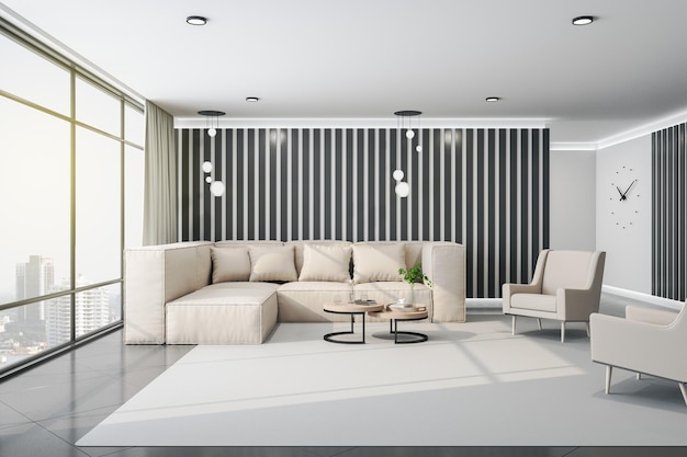 contemporary living room with sofa and two chair