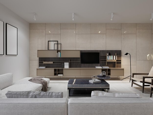 contemporary living with big white sofa and large beige wall system with tv 3d rendering