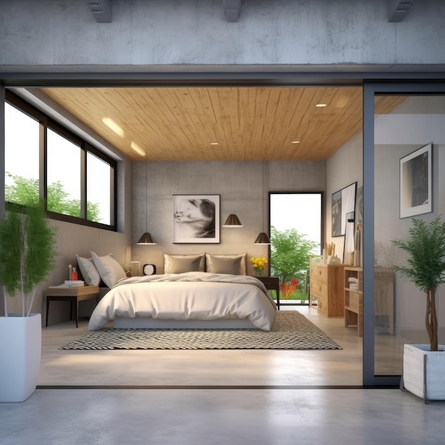 A contemporary loft bedroom with garden access concrete floors Generative AI