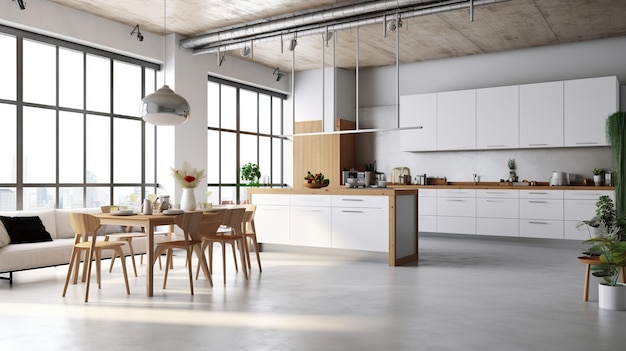 Contemporary loft white kitchen studio interior with furniture Generative AI