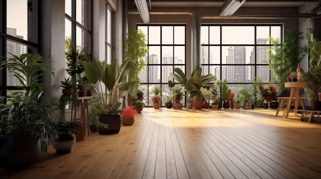 Contemporary loft with plants on wooden floor