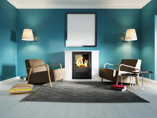 Contemporary lounge area with two leather armchairs and a white fireplace against a blue wall