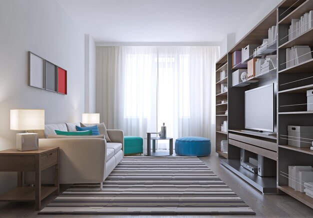 Contemporary lounge room design and massive wall system in pale brown color with striped carpet on parquet floor.