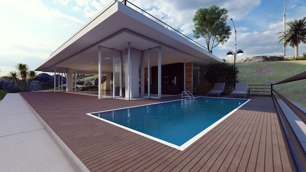 Contemporary luxury modern house exterior with swimming pool 3d illustration