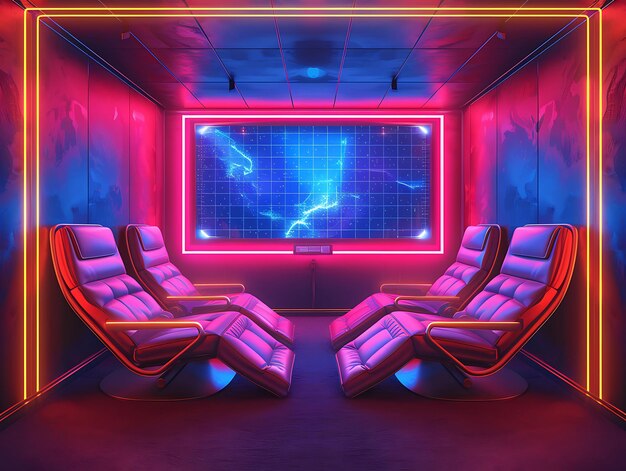 Contemporary Media Room With a Large Projection Screen and C Interior Room Neon Light VR Concept