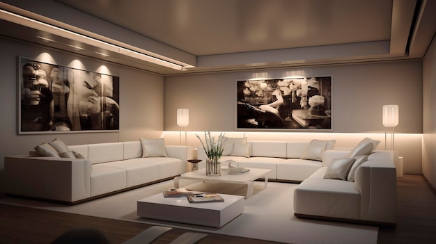 Contemporary Media Room with White Sofas