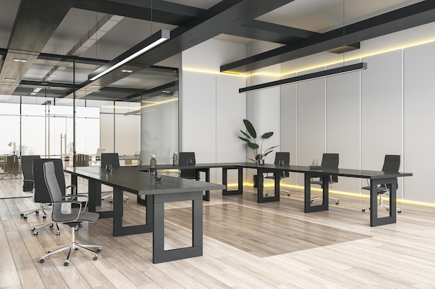 Contemporary meeting room interior with furniture wooden flooring and window with city view and daylight 3D Rendering