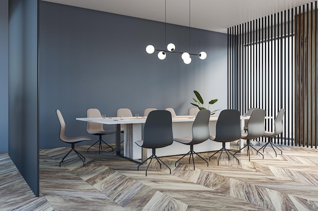 Contemporary meeting room office interior with wooden flooring 3D Rendering