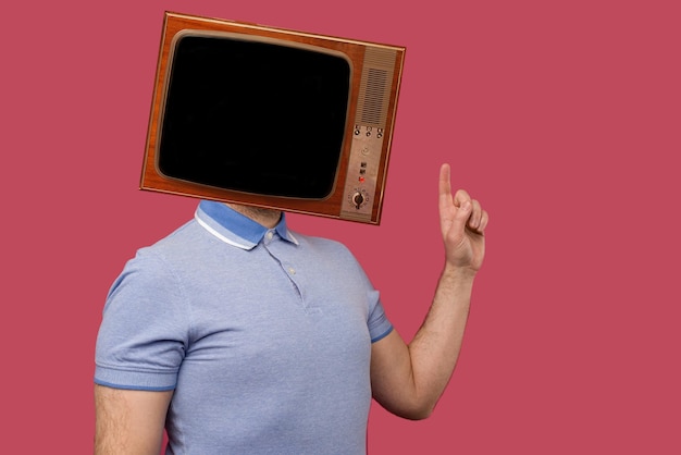 Contemporary minimal retro collage art Retro Tv man pointing fingers up News propaganda concept