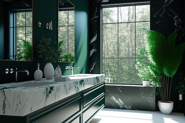 A contemporary minimalist bathroom with a dark green wall a luxury bathroom