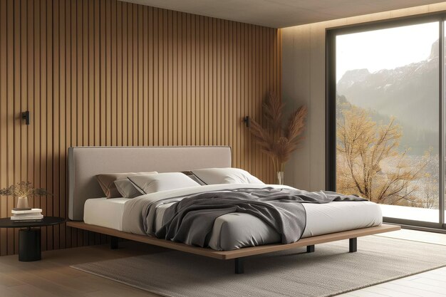 Contemporary minimalist bedroom interior with sleek bed frame Wood paneling Autumn nature view Offering a modern home bedroom interior with a minimal aesthetic and elegant simplicity