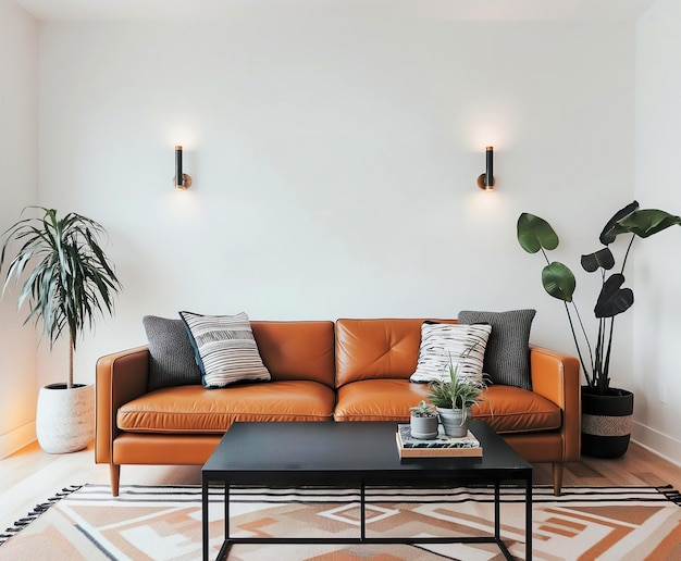 Foto camera minimalista contemporanea divano marrone arancione parete bianca modello di modello interno per l'arte murale