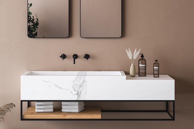 Contemporary minimalist white bathroom interior and a white bathtub on parquet floor, Scandi style.