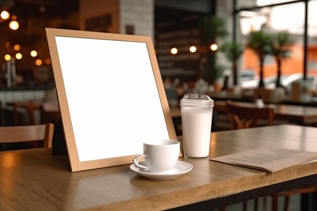 Foto mockup contemporaneo di una cornice di menu vuota sul tavolo del negozio di caffè