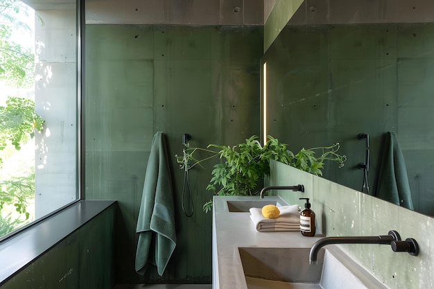 Foto interno moderno del bagno in colori verde scuro e elementi in cemento