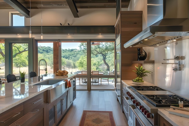Foto interno di cucina in legno di casa di campagna moderna con grandi finestre panoramiche