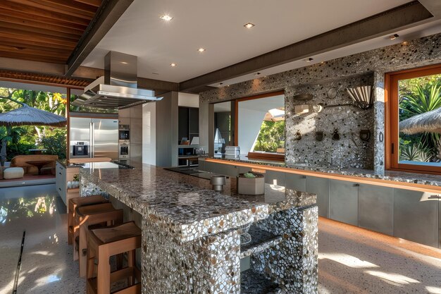 Photo contemporary modern kitchen interior in dark grey colors and concrete elements