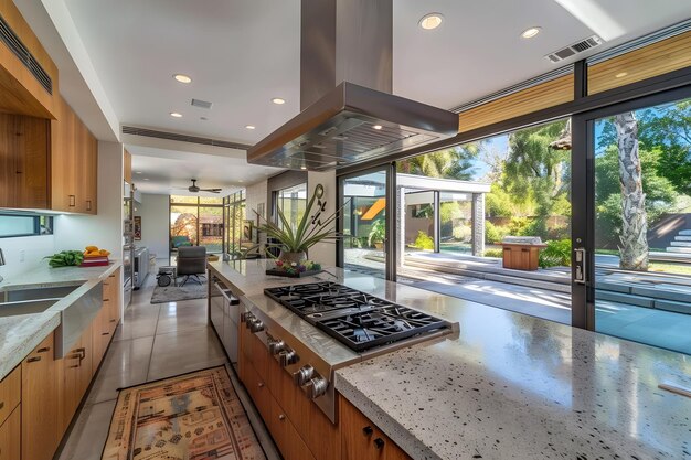 Contemporary modern kitchen interior in dark grey colors and concrete elements