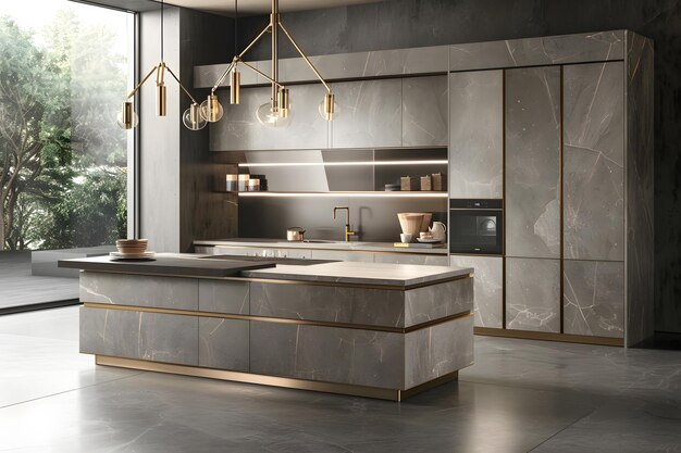 ダークグレー色とコンクリートの要素で現代的なキッチンインテリア