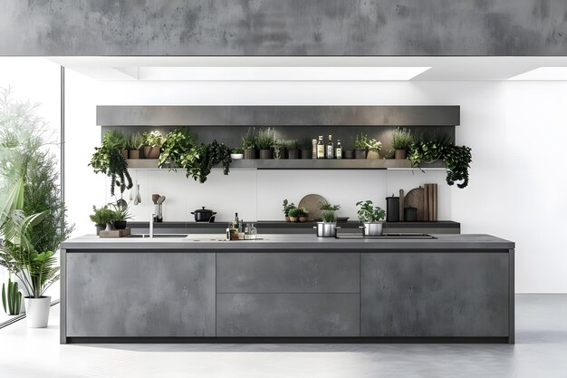 Фото contemporary modern kitchen interior in in grey concrete with green house plants