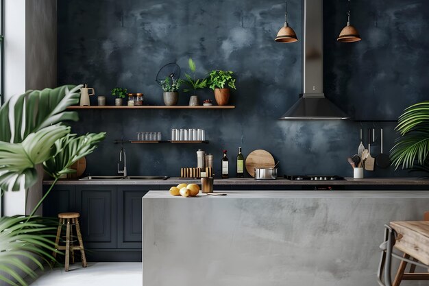 Contemporary modern kitchen interior in navy dark blue colors and concrete elements