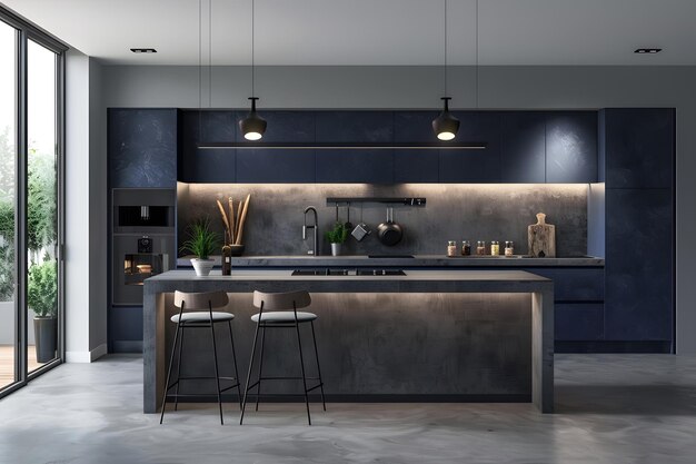 Contemporary modern kitchen interior in navy dark blue colors and concrete elements