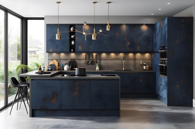 Foto interni di cucina moderni in colori blu scuro e elementi in cemento