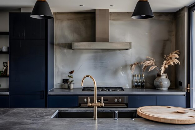 Foto interni di cucina moderni in colori blu scuro e elementi in cemento