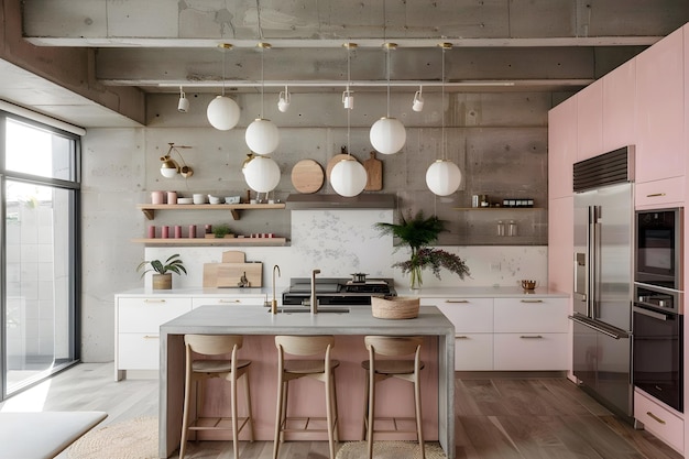 Photo contemporary modern kitchen interior in shady rose pink colors and concrete details