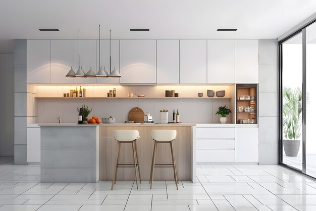 Contemporary modern kitchen interior in white with concrete details